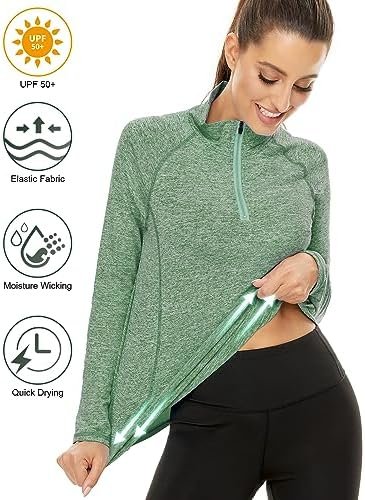 Womens UPF 50+ Long Sleeve 1/4 Zip Pullover Athletic Hiking Running Workout Tops