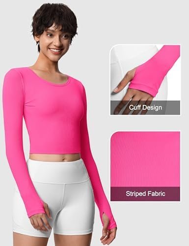 Women's Long Sleeve Crop Tops Ribbed Ice Silk Slim Workout Shirts with Thumb Hole