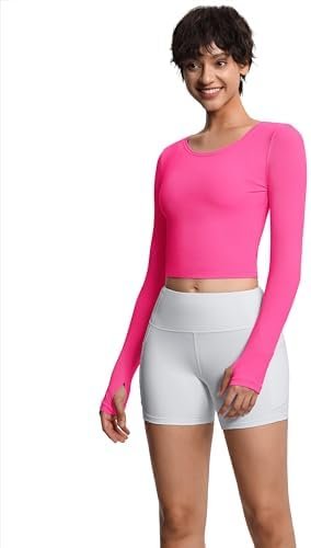 Women's Long Sleeve Crop Tops Ribbed Ice Silk Slim Workout Shirts with Thumb Hole