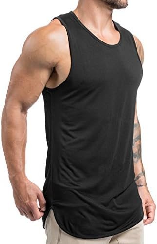 Mens Extended Scoop Workout Tank Tops Gym Shirts for Men Black/Khaki T05