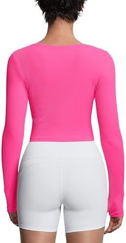 Women's Long Sleeve Crop Tops Ribbed Ice Silk Slim Workout Shirts with Thumb Hole