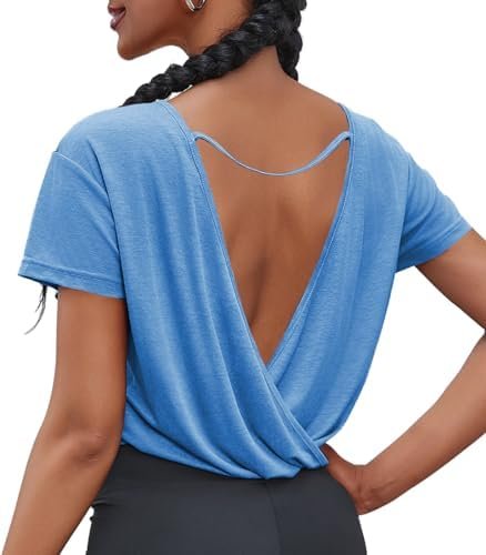 Womens Workout Open Back Crop Tops Backless Short Sleeve T Shirts Reversible Athletic Gym Tees