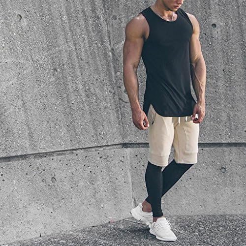 Mens Extended Scoop Workout Tank Tops Gym Shirts for Men Black/Khaki T05