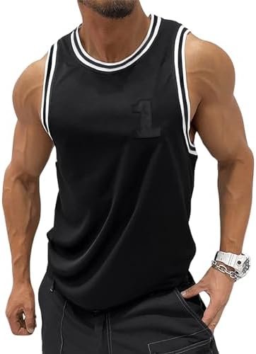 Men's Letter Striped Tank Top Round Neck Casual Workout Summer Tank Top Sleeveless Shirts